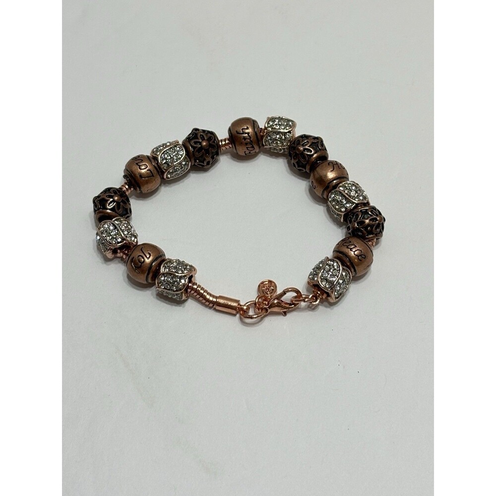 Danbury Mint Rosegold Charm Bracelet Copper/Crystal Faith Hope Love Peace Joy